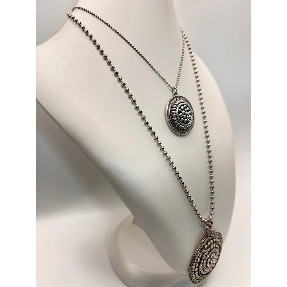Chico's Layered Necklace Womens OS Silver Good Boho Beaded Medallion Crystal
